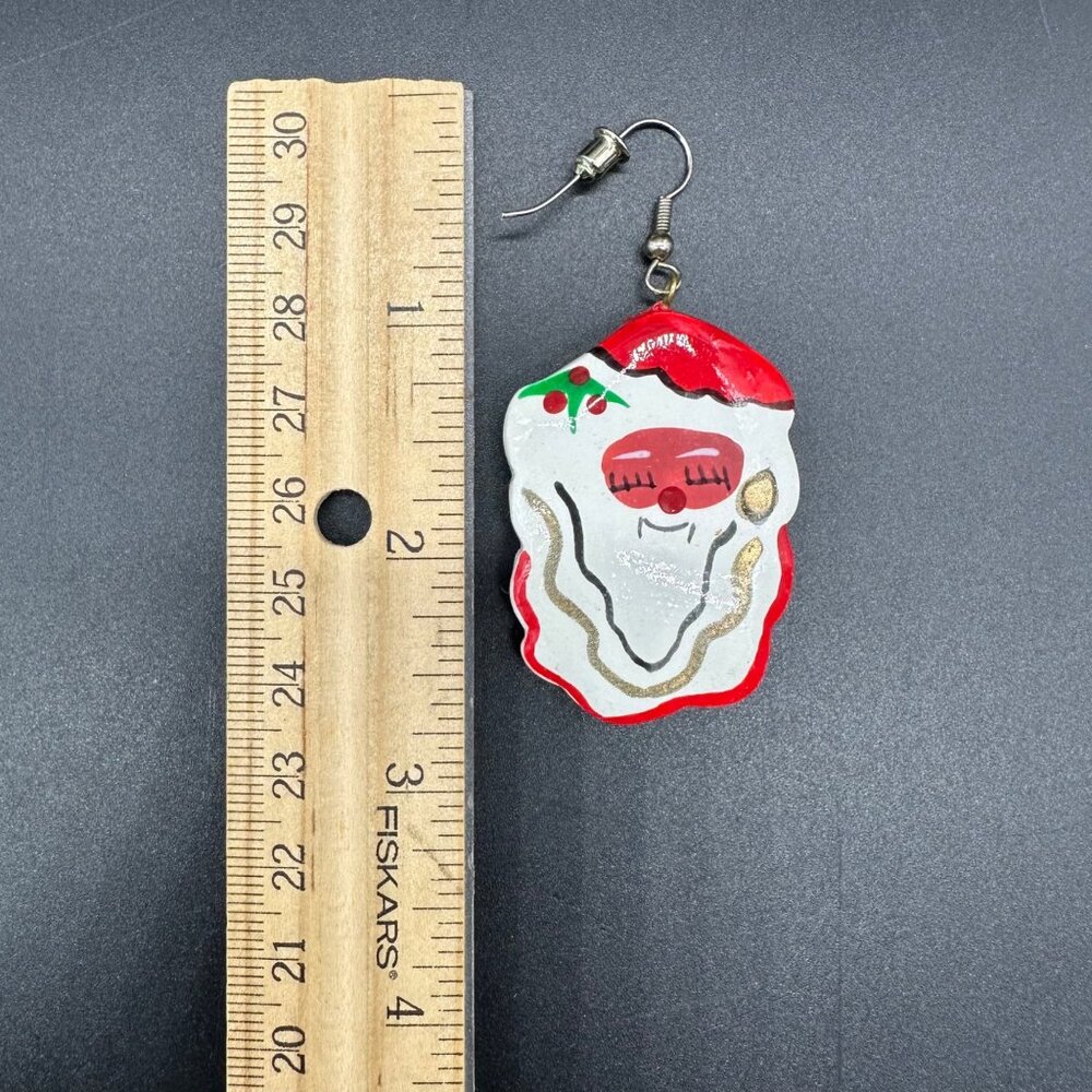 Santa Claus Dangle Earrings Christmas Hand Painted Wooden Kitschy Handmade Red - Picture 6 of 6